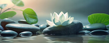 Beautiful Lotus Flower And Stack Of Stones On Water Surface