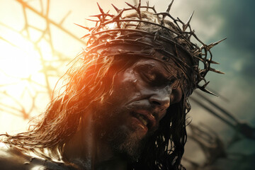 Fototapeta jesus, savior, healer, wearing a crown of thorns, bloody and beaten, easter sunday morning.