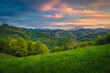Majestic spring countryside landscape at sunset, Moieciu de Sus, Romania