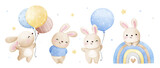 Fototapeta Pokój dzieciecy - Draw vector illustration banner adorable baby bunny boy For nursery birthday kids Sweet dream concept Watercolor style