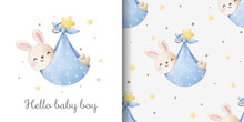 Seamless Pattern Baby Shower Bunny Boy Greeting Card Fabric Textiles Nursery Clothing Kids Watercolor Style