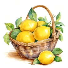 Watercolor Drawing Of Basket With Lemons And Leaf