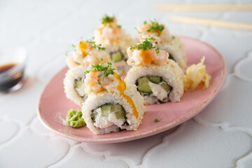 Wall Mural - Shrimp sushi rolls with mango sauce