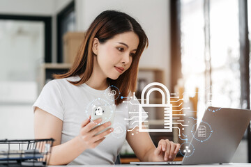 Wall Mural - Woman using computer, tablet and presses his finger on the virtual screen inscription Hosting on desk, Web hosting concept, Internet, business, digital technology concept.