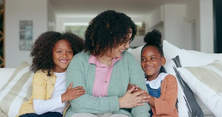 Wall Mural - Mother, children and face smile on sofa in home for daughter development, connection or love. Black family, siblings girls and portrait in happy relax mom or safe parent for hug, care or kid support