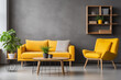 © thotsapon - Grey sofa and yellow chairs are in the living room, in the style of minimalist backgrounds, light gray and amber, wood, minimalist purity, nostalgic atmosphere, vibrant watercolors, post-minimalist