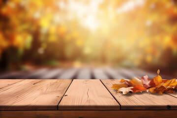 Wall Mural - Empty wooden top table with blurred autumn background.