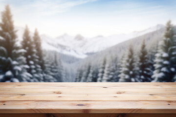 Wall Mural - Empty tabletop with blurred snow and pine trees background. Display products for advertising.