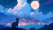 Lovely Dream Anime Cityscape. Black Cat Looking At The City On The Hill. Beautiful Landscape With Fireflies And Big Moon 4k Resolution Loop Animation