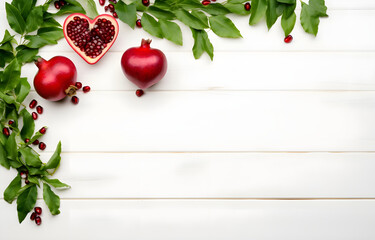 pomegranate fruit riped heart shape and leaves on white wooden t