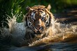 Amur tiger playing in the water, Siberia. Dangerous animal, tajga, Russia. Animal in green forest stream. Siberian tiger splashing water