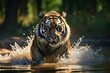 Amur tiger playing in the water, Siberia. Dangerous animal, tajga, Russia. Animal in green forest stream. Siberian tiger splashing water