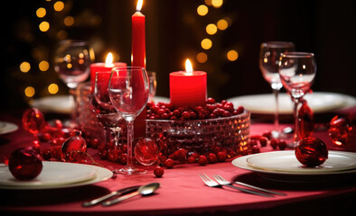 Wall Mural -   dinner, candlelight, table decorated with red pearls