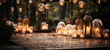 Elements of the wedding decor of the night ceremony. outdoor string lights. Wedding ceremony evening with candles and lamps