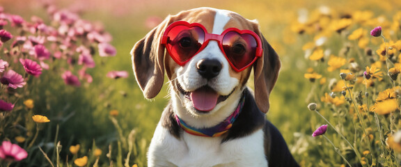 Wall Mural - Dog wearing heart shaped sunglasses in a meadow