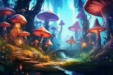 Digital Fantasy Forest Landscape Illustration With Magic Trees, Mushrooms, Concept Art Style Painting With Nature, Outdoor Fairy Tale Drawing. Summer Village Artwork With Wonderful Colors 