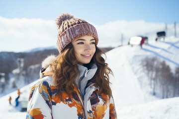Wall Mural - Girl snowboarder enjoys the ski resort