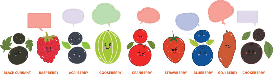 Wall Mural - sweet cute little berries cartoon with speech bubble, types of healthy nutritious berries rich antioxidants, diet berries , rich in vitamins   