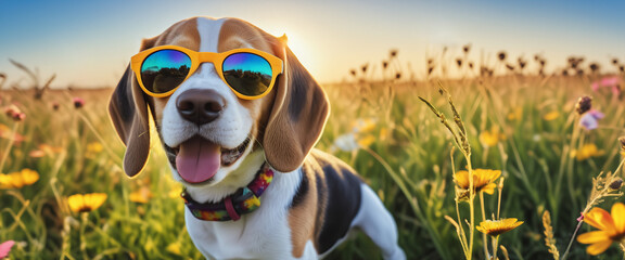 Wall Mural - Dog wearing sunglasses in a sunny meadow