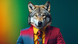  A wolf in a business suit in rainbow colors