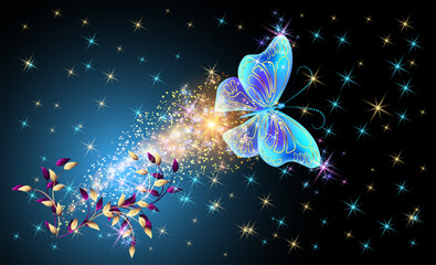 Wall Mural - Flying delightful magical butterfly with sparkle and blazing trail in night sky. Love and romance concept.