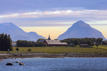 Canvas Print - Edoeyfjord and Edoey old church  , Norway