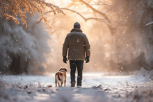 Back View Of A Man With A Dog Walking In Beautiful Winter Forest