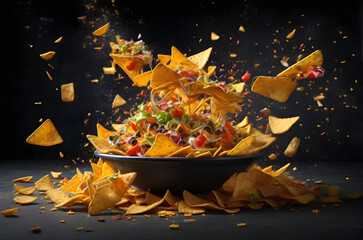 nachos bursting in explosion ingredients flying ai generated background