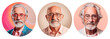 A collection of portraits of diverse elderly men with beards. A set of round portraits of modern old men for userpics and avatars.