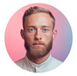 Portrait of a young man with a beard. Full face of a man with blue eyes in a pastel pink circle. Isolated on transparent background.