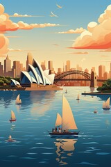 Ilustration of Sydney cityscape lake sailboats Sydney Opera, Australia. Generative ai