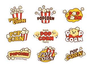 popcorn emblem. sweet corn snacks banners for cinema shop, striped buckets with playful popped corn 