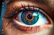 Abstract high tech eye concept. Modern cyber woman with technolgy eye looking.