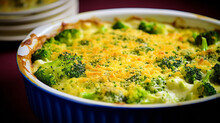 Broccoli egg cheese casserole in baking dish on concrete background. Generative AI