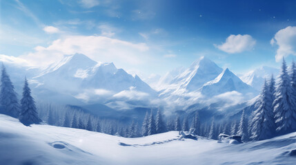 Aufkleber - Snow-covered landscapes, including mountains, forests, and fields.