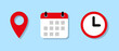 Address, date, and time icon in flat style. Location marker, calendar, and clock symbol vector with shadow