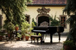 Classic piano in courtyard, historical building backdrop