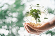 Sustainable global business investment in environment, social, governance (ESG) and CSR concept in clean industry with volunteer hands holding world green tree. ESG, Co2, NetZero.