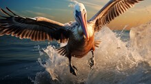 A Pelican Diving Into The Sea, Creating A Splash As It Hunts For Fish.