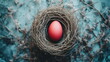 Single Red Easter Egg in a Bird's Nest on Blurred Blue Background with Branches. Happy Easter Concept for Design, Postcard, Cover, Poster, Horizontal Banner.