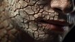 Close-up of an adult's face with cracked skin resembling dry earth, highlighting texture and details. The concept of nonstandard appearance.