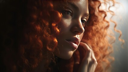 A young adult Caucasian woman with long red hair, thoughtfully looking into the distance.