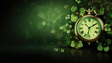 A Clock On A Green Background With Clover Leaves And Abstract Light Patterns. The Concept Of Celebrating St. Patrick's Day