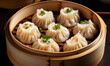 Dim sum, traditional Chinese dumplings, in bamboo steamer basket.  Asian food
