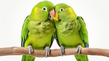 Couple Of Green Parrots Kissing On White.