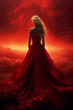 back view of a pretty young woman wearing a long flowing red dress - back view - full view - vibrant fantasy red sky - fantasy red dress - blond hair - above the clouds - warm fiery fantasy sky