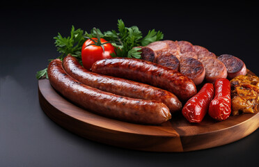 Wall Mural - Wooden plate with a variety of sausages on a black background