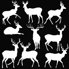 Wall Mural - nine isolated white deers silhouettes