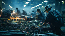 Group Of Working Asian People In A Electronics Factory Background.