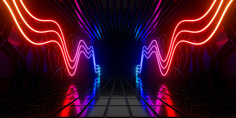 Wall Mural - Sci Fi neon glowing lines in a dark tunnel. Reflections on the floor and ceiling. Empty background in the center. 3d rendering image. Abstract glowing lines. Technology futuristic background.